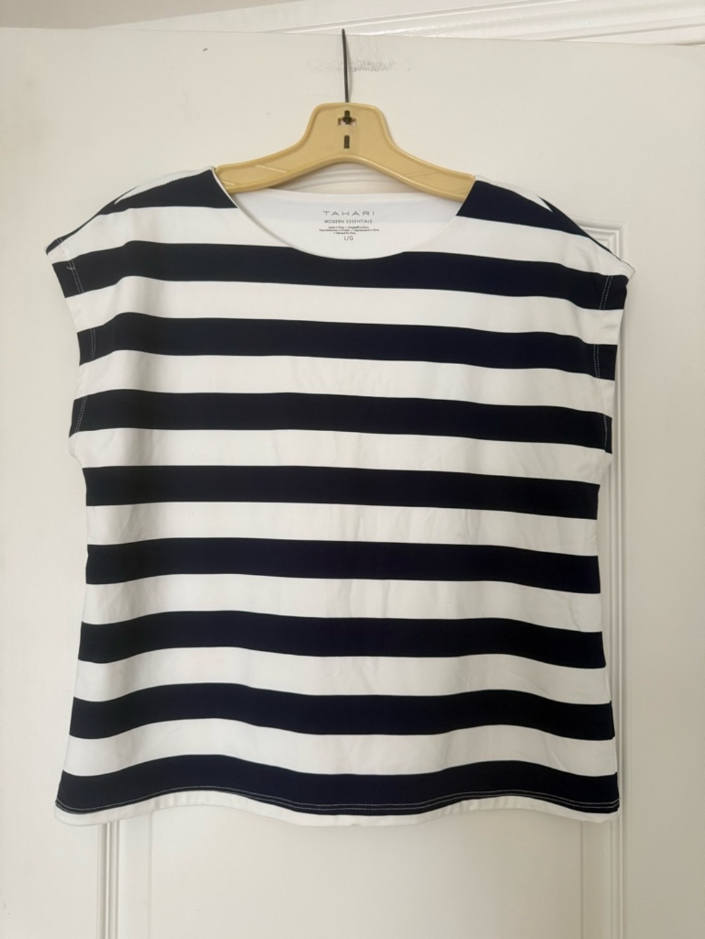 Tahari Navy and White Striped Cap-Sleeve Nylon Top Nautical